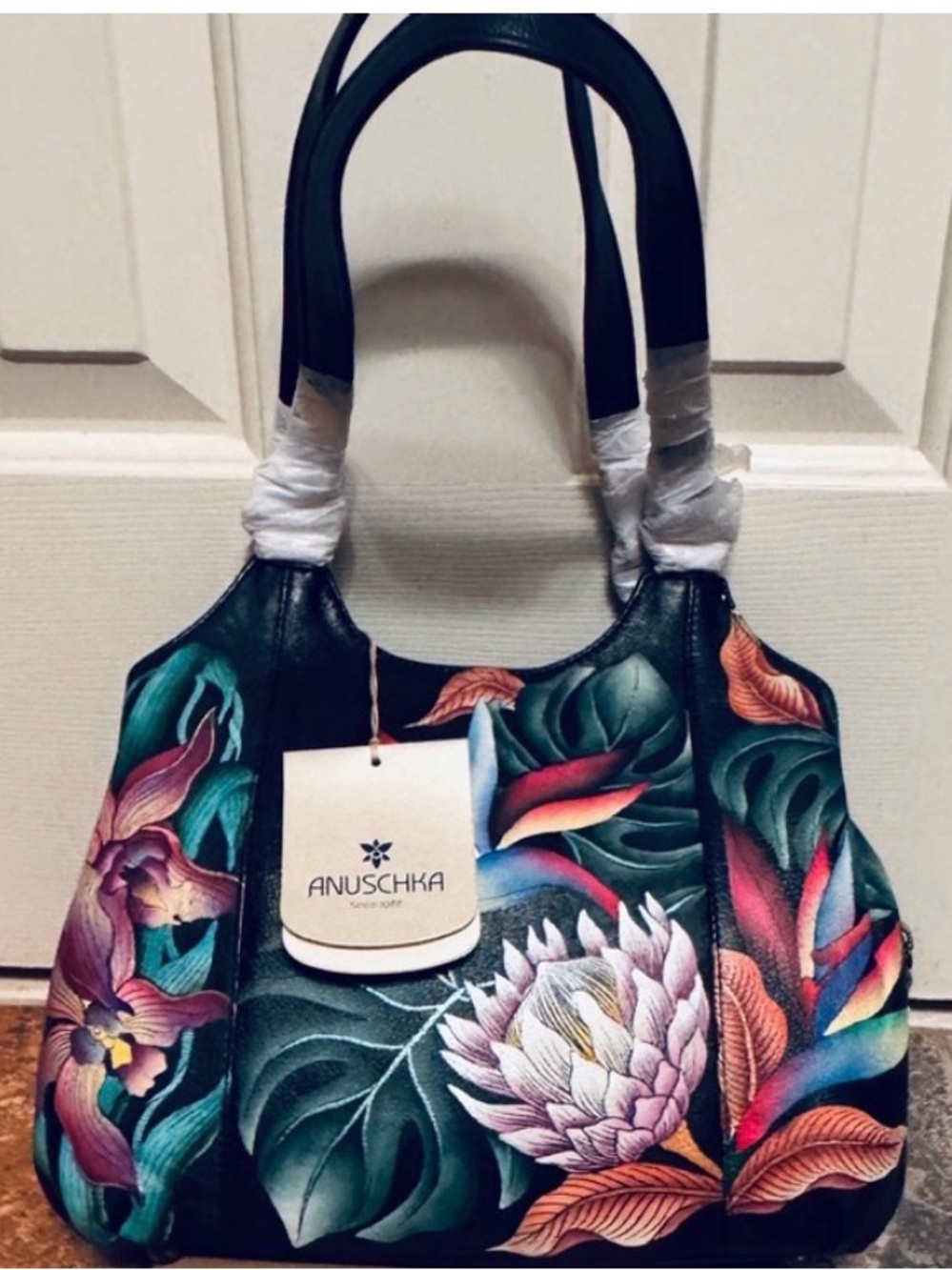 NWT!Leather Hand Painted Anuscka Island Escape Black Floral Satchel Tote!